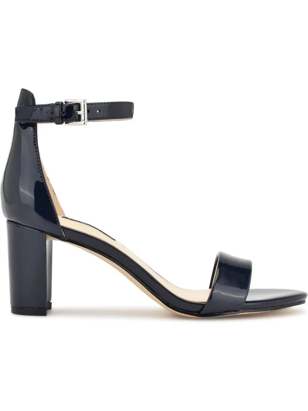 Women's Navy Blue Patent Round Toe Ankle Strap Wnpruce Block Heeled Sandal Shoes